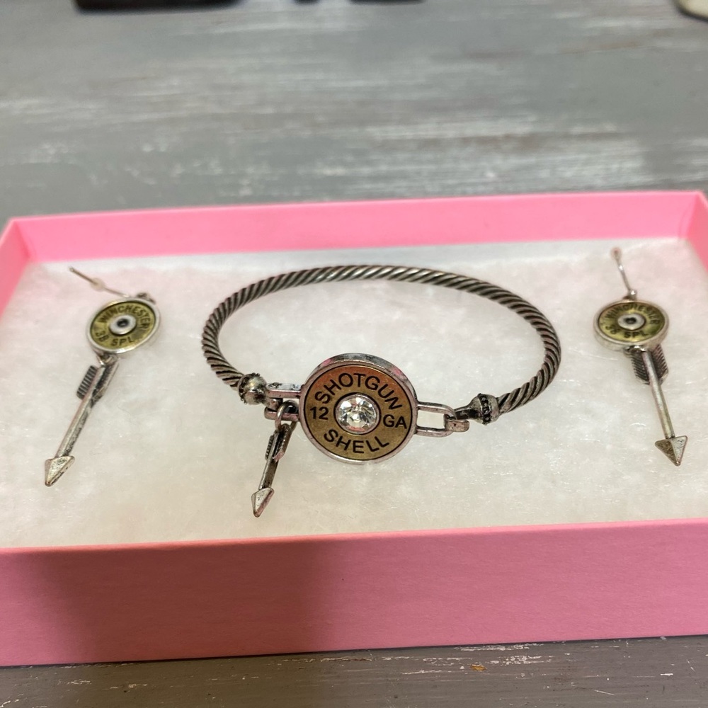 Shotgun shell bracelet and fish hook dangle earrings silver gold